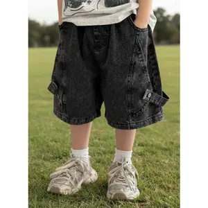 Boys' Summer Distressed Denim Shorts with  Patchwork, Black Children's Summer Trendy Cargo-style Five-point Pants, Perfect for Outdoor