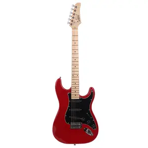 Electric Guitar Starter Kit Red - Full Size ST-Style with Black Pickguard, Amp Cord & Accessories