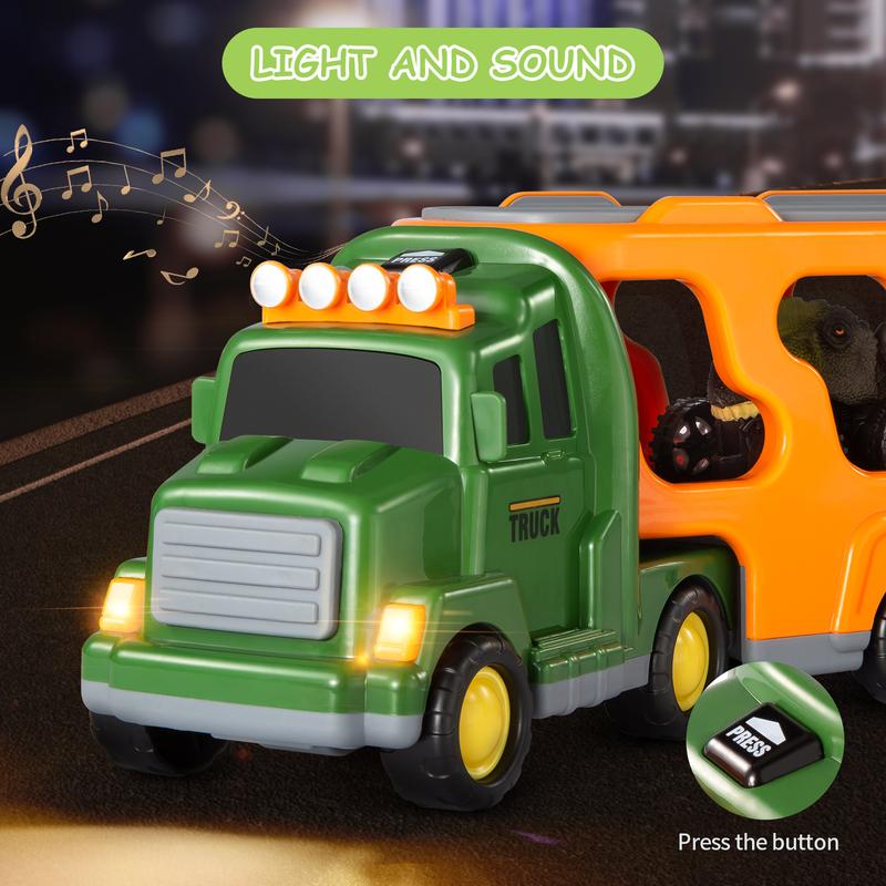 7 In 1 Dinosaur Transporter Truck CarToy Set with Mini Dinos & Cars,Light & Sound,Christmas Birthday Gift