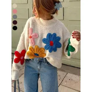 Women's Plus Size Oversized Knit Sweater - Mock Neck, Drop Shoulder, Colorblock Floral Embroidered Longsleeve, Comfortable Casual Fall Winter Everyday Sports Tops for Outdoor Daily Wear (Gift)