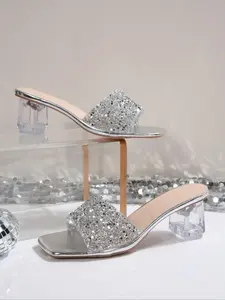 Women's Glitter Slides, Fashionable Transparent Heel Slippers, Stylish Non-slip Sole Slippers for Party, Daily Clothing Decor for Women & Girls, Walking Shoes, Elegant Classy Sandals