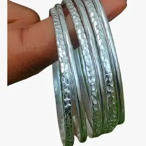 Set of 6 Bangles, 925 Sterling Silver Field Stacking Plain Bangles For Women, Semanario, Stacking Bracelets, Hammered Bangle, Half Round Bangles