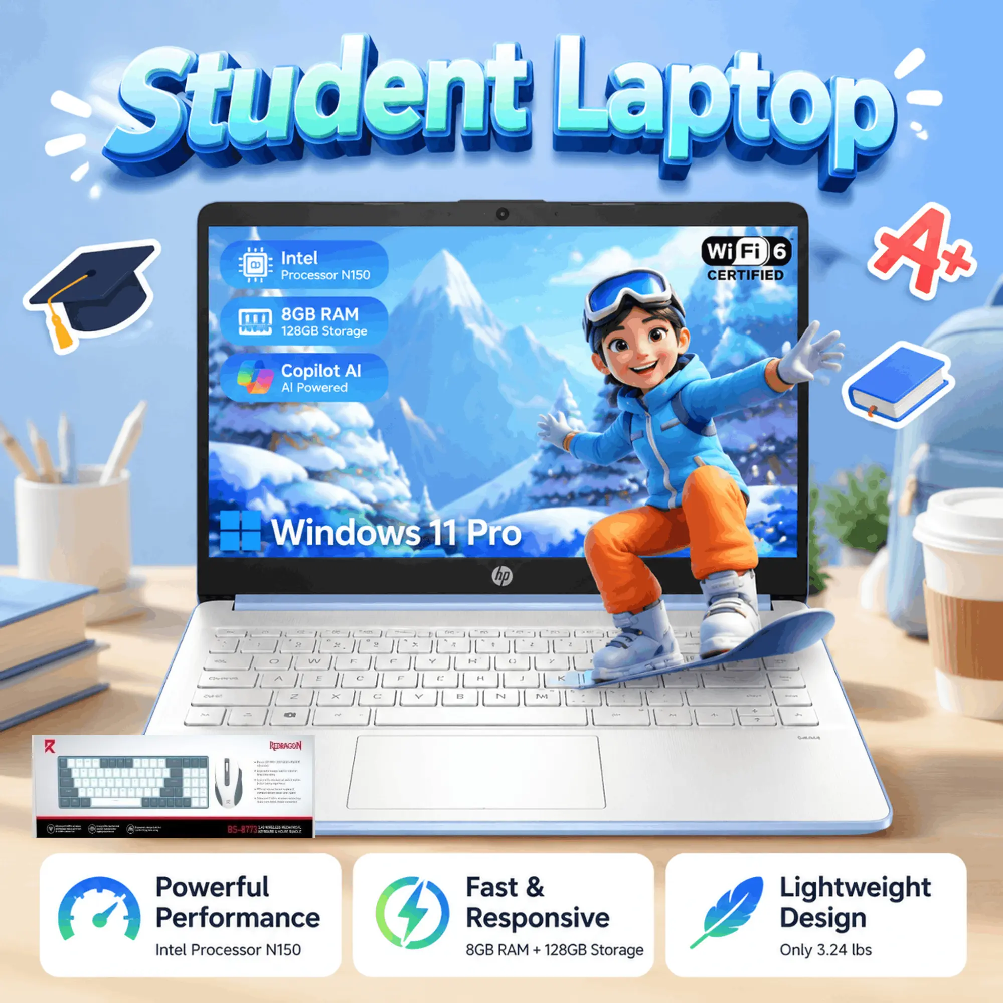 HP 14 Inch Blue Slim Lightweight Student Laptop | Intel N150 Up to 3.6GHz,8GB RAM 128GB Storage,Windows 11 Pro+Microsoft 365, Perfect for Back‑to‑School & Everyday Work, Accessory Bundle Included
