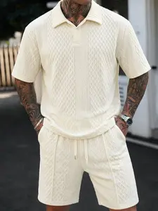 Men’s summer jacquard textured polo shirt set with a button collar, suitable for various occasions such as daily commuting, travel, vacations, and outings; casual minimalist style, urban mature style, British gentleman style.