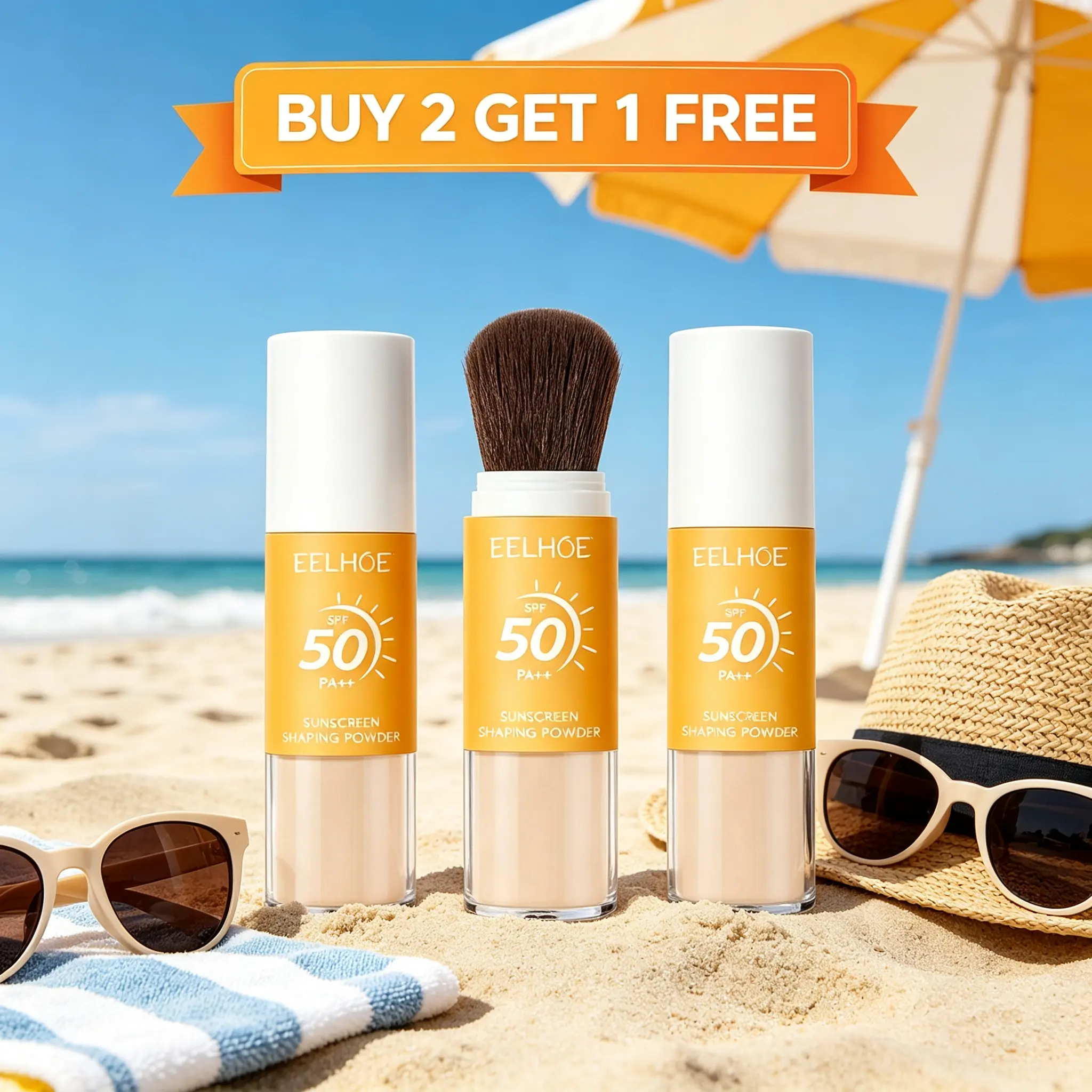 BUY 2 GET 1 FREE Sun-Protecting Setting Powder SPF 50+ PA++ (0.28 oz) — A beauty product offering a natural, lightweight finish; it balances oil and moisture levels and ensures long-lasting wear, making it ideal for daily makeup and setting