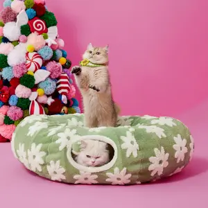Lesure Cat Tunnel Bed for Indoor Cats - Soft&Cozy Cute Cat Donut Tunnel with Washable Circle Cushion, Round Pet Play Tunnel Toy for Kitten/Puppy/Rabbit, Peekaboo Cave Toy, Cool Cat Stuff