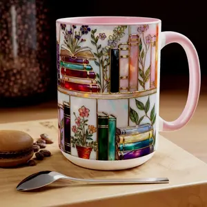 Stained-Glass Style Floral Bookshelf Mug, Book Lover Gift, Bookish Mug, Library Cup
