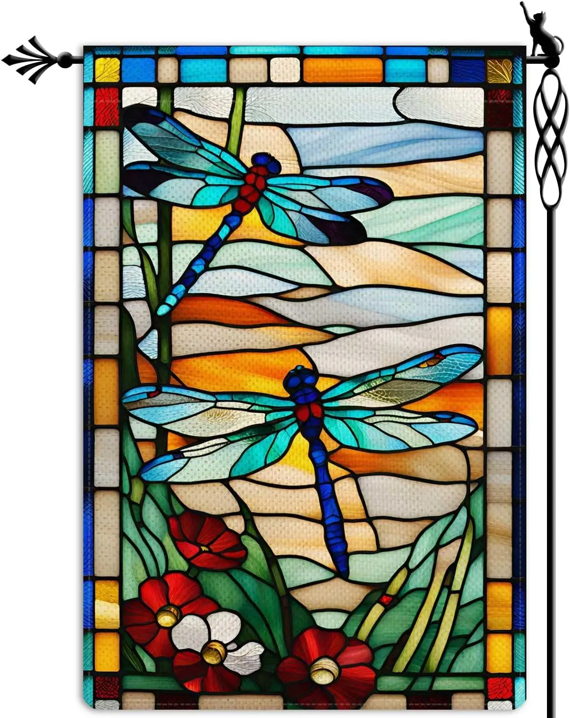 Tiffany Stained Glass Print Dragonfly Garden Flag 12×18 Inch, Vintage Floral Art Nouveau Yard Flag, Cloth Fabric Outdoor Porch Decor