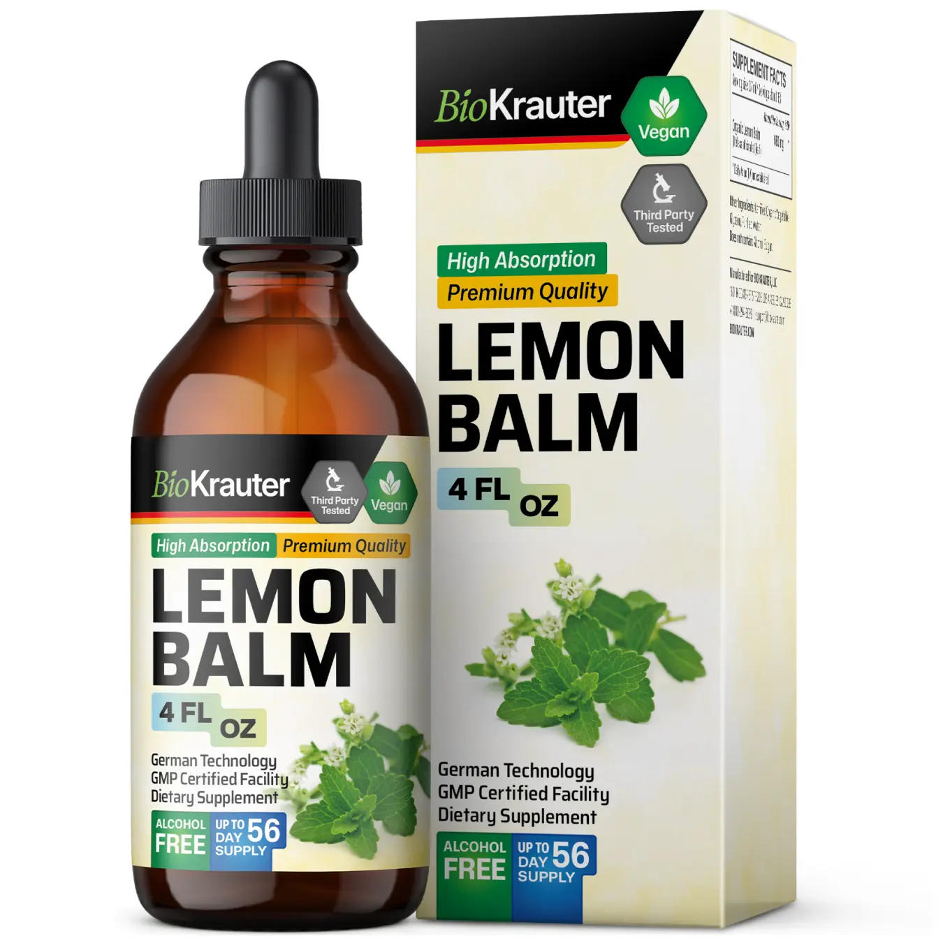 BioKrauter Lemon Balm Tincture Bottle, Organic Formula for Relaxation, High Absorption Premium Quality, Vegan, Alcohol-Free Essential Solution