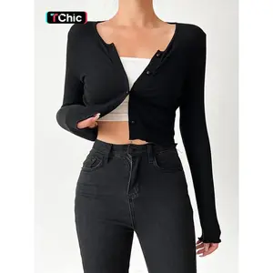 Women's Plain Lettuce Trim Button Front Crop Cardigan, Casual Long Sleeve Round Neck Outerwear for Fall, Fashion Women's Knit Clothing for Daily WearGift