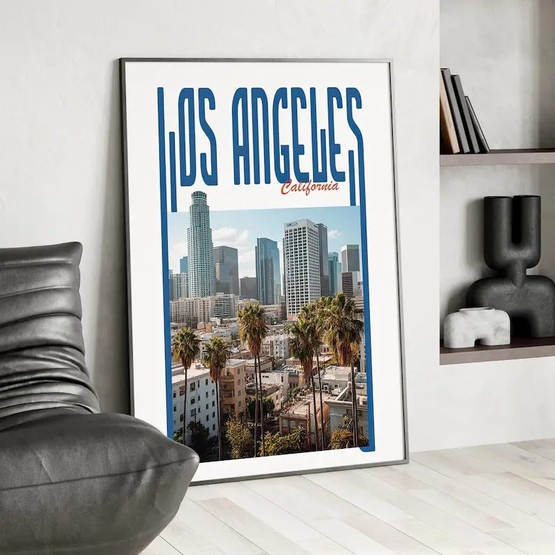Retro Los Angeles Skyline Poster, Vintage California Wall Art, Trendy LA Cityscape Print, Downtown Travel Decor USA Print. No Frame