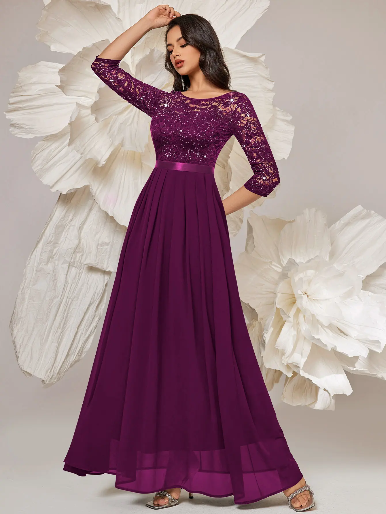Miusol Women's Sparkly Formal Party Maxi Dress - 3/4 Sleeve, Elegant Sequin Floral Lace, Pleated Hem, Miusol Women's Sparkly Formal Party Maxi Dress - 3/4 Sleeve, Elegant Sequin Floral Lace, Pleated Hem,