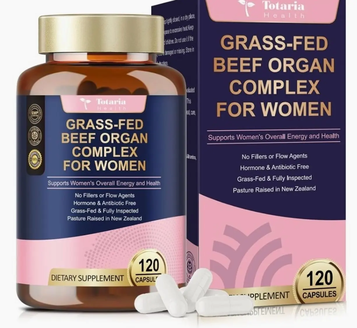 Beef Organ Supplement for Women - Beef Liver, Kidney, Heart,Uterus Tissue - Balance Hormones & Women's Overall Energy - Grass Fed, Pasture Raised - Natural Iron Supplement with Folate - 120 Capsules