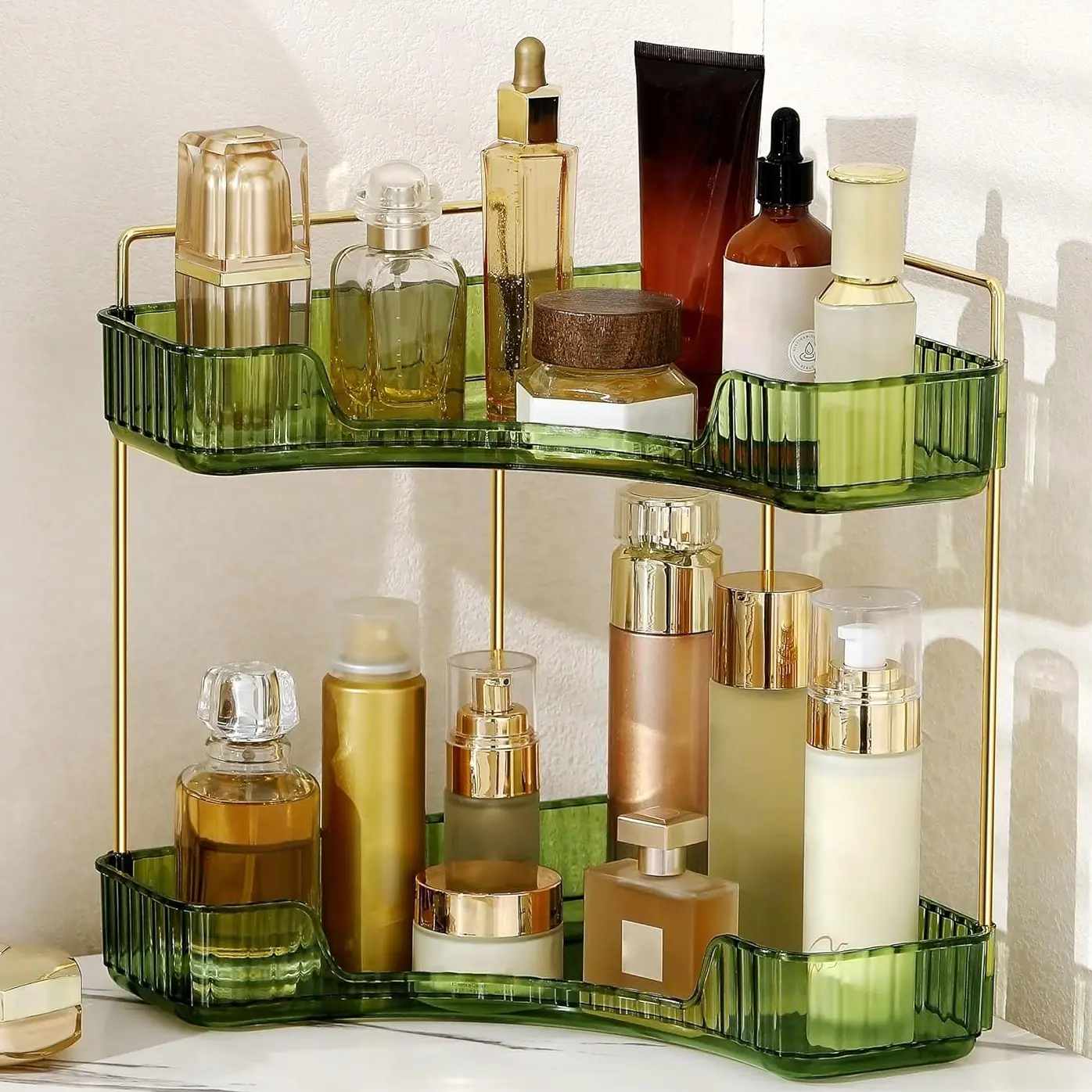 2 Tiers Corner Bathroom Counter Organizer,room decor,mClear Countertop Shelf Storage Rack,2-Tier Space-Saving Countertop Storage Rack for Vanity Makeup Perfume, Kitchen Dresser Organizer Corner