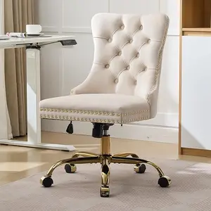 Velvet Home Office Desk Chair with Wheels & Gold Base, Comfy Makeup Vanity Chair with Tufted Back for Women Girls, Upholstered Adjustable Swivel Armless Office Chair for Bedroom