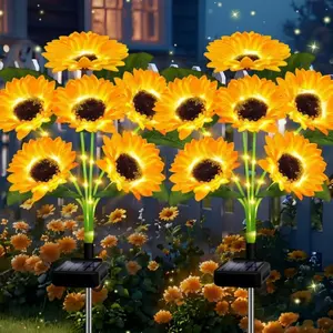 Artificial Flowers 2 Pcs/set solar sunflower lights, outdoor garden stake lights, 12 outdoor party sunflower lights, gardening gifts, cemetery courtyard path parties, warm gifts
