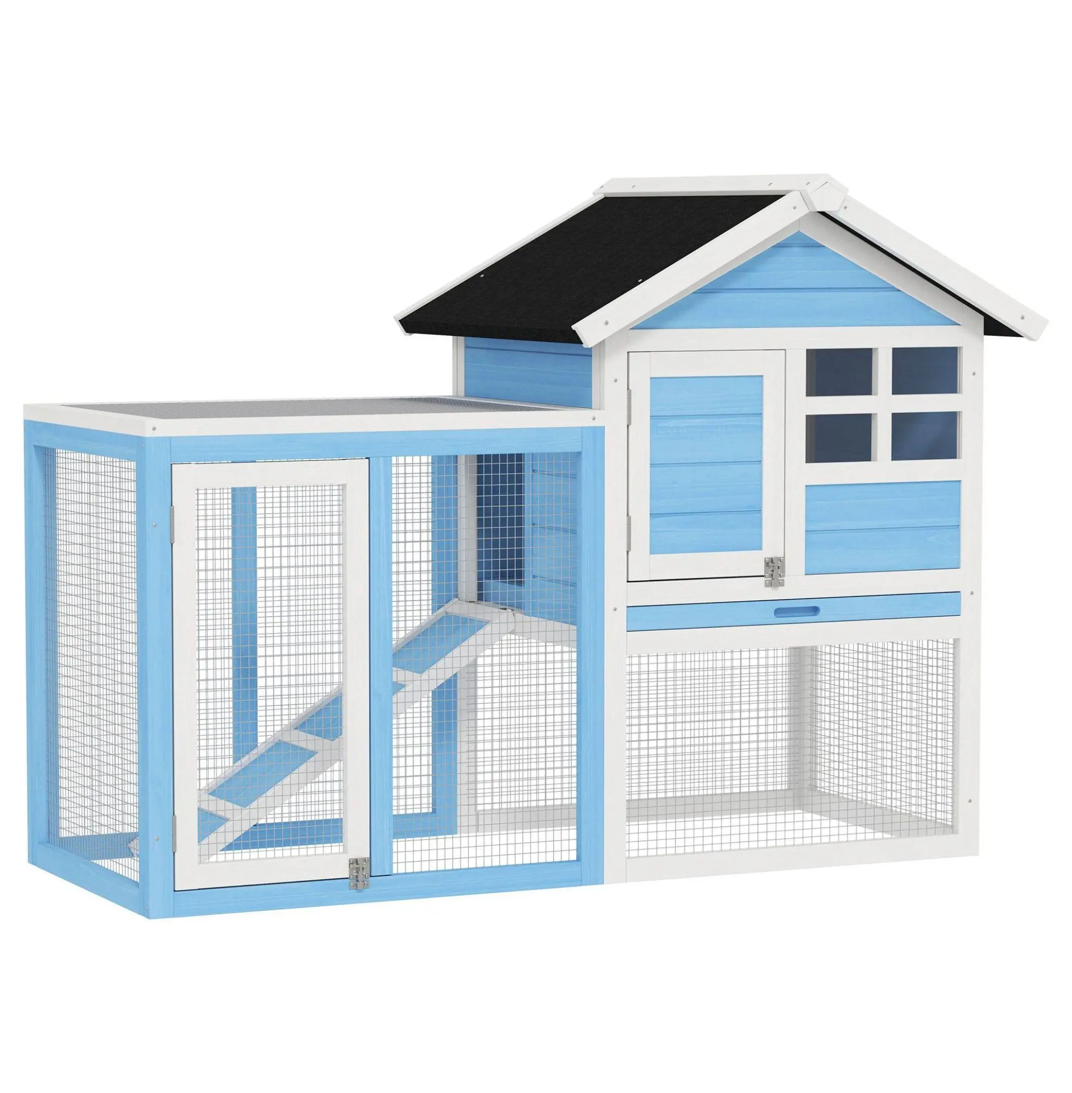 48-Inch Fir Wood Rabbit Hutch - Indoor-Outdoor Bunny Enclosure with Waterproof Roof, Waterproof Run, Removable Tray, Light Blue