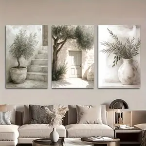 3-Piece Set Greek Island Olive Tree and Mediterranean Landscape Canvas Wall Art Print, Home Decor Products - Beige and White Tones, Frameless Greek Vase Inspired Painting, Suitable for Living Room, Office, Cafe Decoration - Housewarming, Birthday Gift