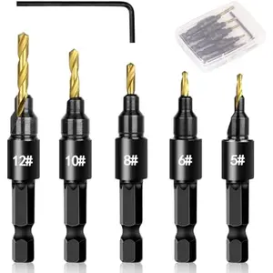 5PCS Countersink Drill Bit Set, Professional Brocas para Madera - Adjustable Wooden Drill Bit Set, Used for Wood Countersink Drill Bit with Depth Stop