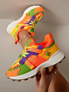 Dopamine Boost! Colorblock Dad Shoes, Sneaker, High Energy, Perfect for All Seasons, Casual PU Leather Rubber Sole