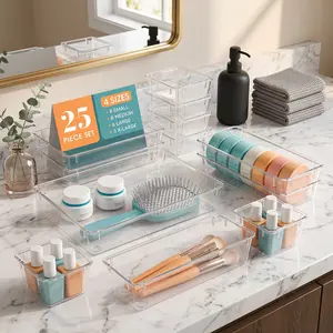 Clear Plastic Drawer Organizer Set 25PCS Desk Drawer Dividers Storage Bins for Makeup Jewelry Kitchen Office