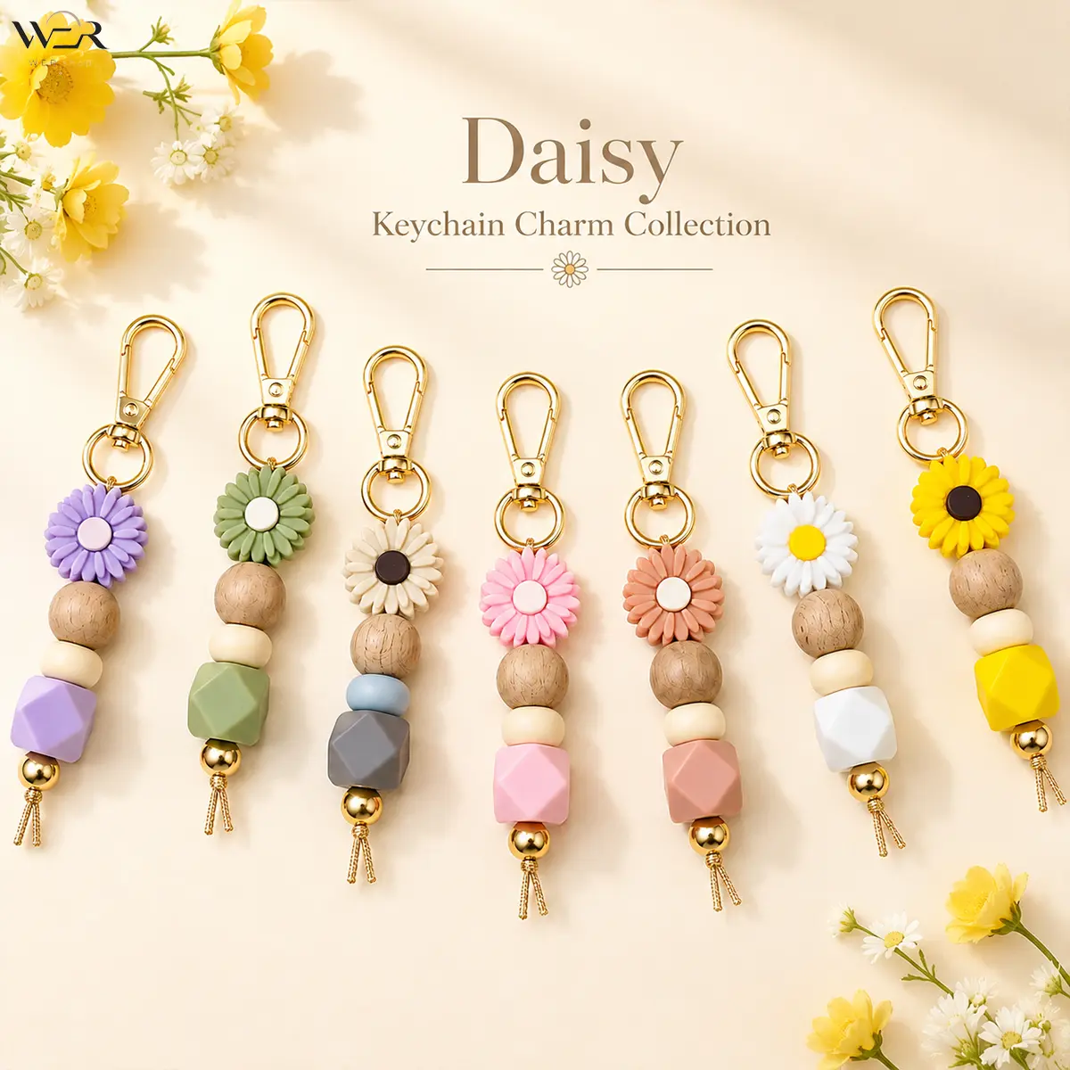 Daisy Keychain Flower Keychain Beaded Keychain Pastel Keychain Silicone Bead Keychain Wood Bead Keychain for Women Everyday Use Gift