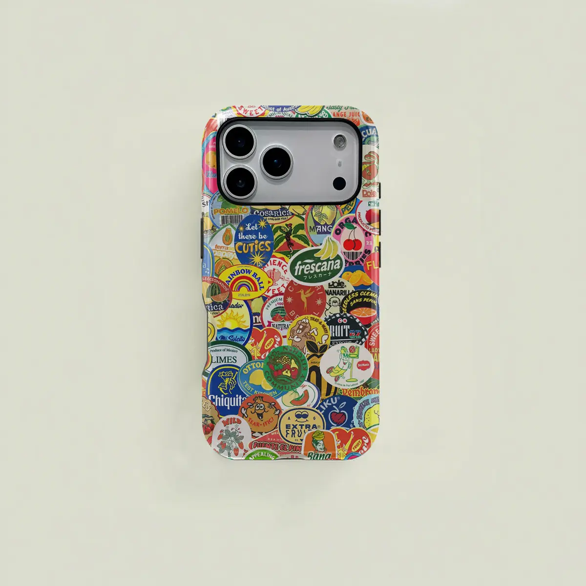 Colorful retro-style cute fruit label collage protective case, sturdy and durable 2-in-1 case, compatible with iPhone 17/16/15/14/13/12/11 Pro Max/Plus/Pro, Samsung Galaxy S25/S24/S23 Ultra series, simple and stylish phone case.