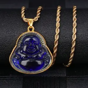 18k gold plated necklace shiny multicolored lucky jade Buddha pendant, simple fashion jewelry necklace for men and women