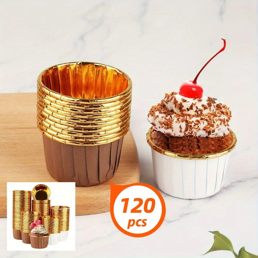 120-Pack Sturdy Foil Pastry Baking Cases - Waterproof, Oil-Proof Bakeware Paper Cups, Chocolate Molds for Mini Muffins, Cupcakes, Wedding Events