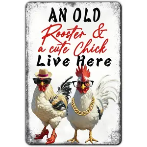 Chicken Metal Signs Chicken Coop Accessories Tin Sign Rooster Wall Decor Vintage Style An Old Rooster And A Cute Chick Live Here Tin Plaque For Farmhouse Garden Gate Fence Yard Decor 12x8 Inch