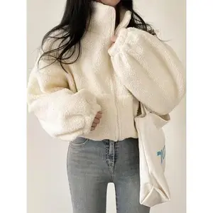 Women Sherpa Fleece Crop Coat Loose Hoodies Long Sleeve Short Jackets Sweet Can be used with raincoat