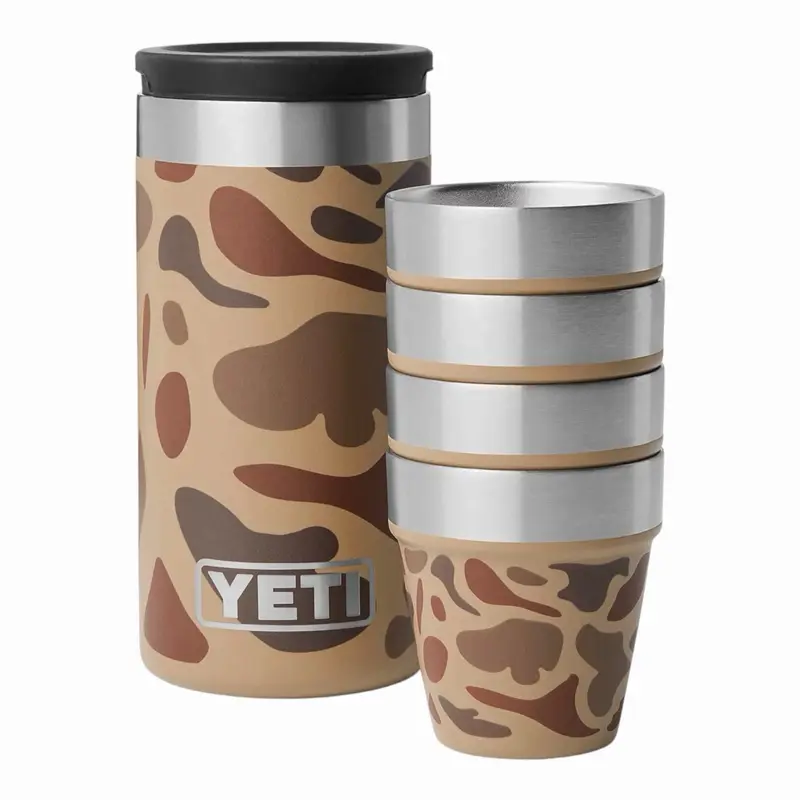 YETI 1.7 oz Stainless Steel Insulated Shot Glasses Set (4 Pieces) with Carrying Container, Wetlands Camo, Durable Kitchenware Drinkware with Insulated Walls, Dishwasher Safe for Everyday Use, Hunters, Four Pieces