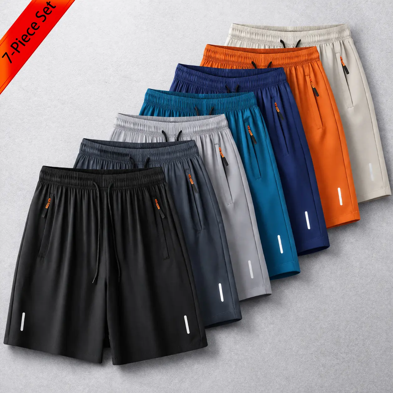 7-pack men’s ice silk quick-dry athletic shorts featuring zippered pockets and contrasting zipper head design; breathable, lightweight ice silk summer shorts for fitness, running, and casual wear—an essential for workouts and comfortable for home wear in 7-pack men’s ice silk quick-dry athletic shorts featuring zippered pockets and contrasting zipper head design; breathable, lightweight ice silk summer shorts for fitness, running, and casual wear—an essential for workouts and comfortable for home wear in