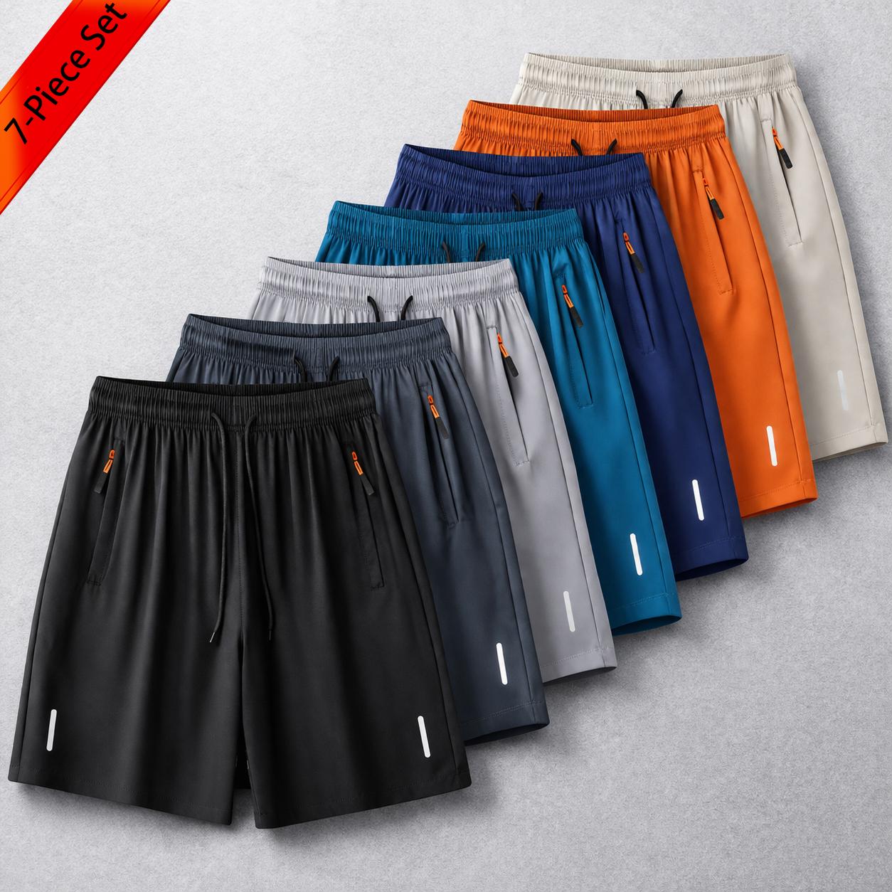 7-pack men’s ice silk quick-dry athletic shorts featuring zippered pockets and contrasting zipper head design; breathable, lightweight ice silk summer shorts for fitness, running, and casual wear—an essential for workouts and comfortable for home wear in