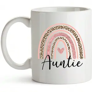 Glitter & Leopard Rainbow Auntie Mug, "Auntie" Text with Pink & Cheetah Print Rainbow, Cute Gift for Aunt, Birthday Present for New Aunt, 11oz White Ceramic Coffee Cup