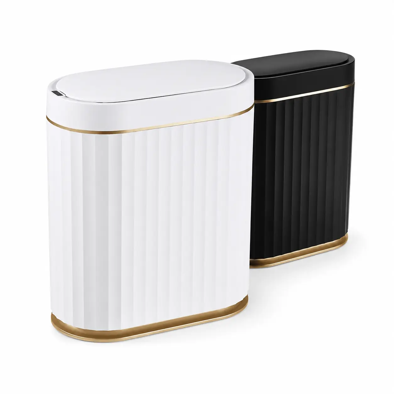 Slimline Look Automatic Motion Sensor Bathroom Trash Can with Lid and White-Gold Trim, Compact Hands-Free Wastebasket for Kitchen/Bath, Convenient for Users, Office Bathroom Accessories