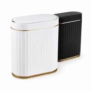 Bathroom Trash Can with Lid, Touchless Motion Sensor Trash Can, Slim Automatic Garbage Bin with White Gold Trim, Compact Hands-Free Wastebasket for Bathroom, Kitchen, Office and Bedroom