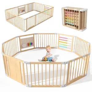 Lilypelle Natural Wooden Baby Playpen with Built-in Toy Panels, Foldable & Shape-Changeable Kids Activity Center, CPC & CPSIA Certified Safety Toddler Gate