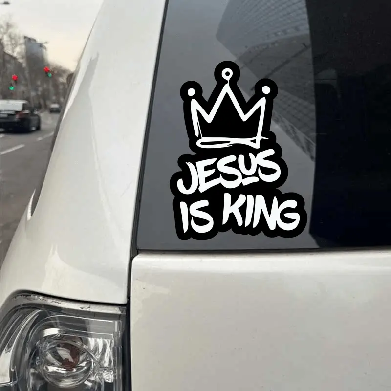 Weather-resistant "Jesus is King" Christian vinyl decal, with crown design - durable, suitable for cars, walls, windows, bold black and white font, car decoration, Car Decorative Sticker, Multipurpose Car Decal, Stickers for cars