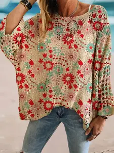 Spring Summer Round Neck Geometric Print Batwing Sleeve Top, Boho Style Loose-Fitting Outer Vest, Casual Layered Beach Vacation Wear