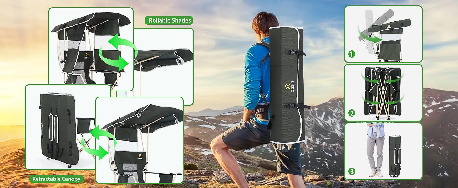 Camping Chair with Canopy, Chair with Shades, Sports Chairs, Folding Chair with Canopy, Detachable Shade Canopy, Side-Pocket and Cupholder