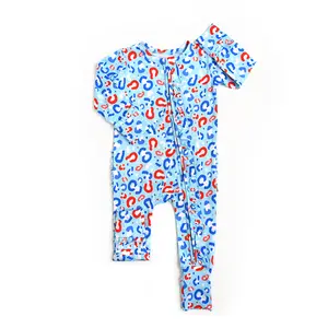Kinsley Leopard RUFFLE ZIP Bamboo Baby 4th of July Toddler Outfit two way zipper gigi and max