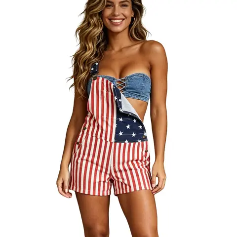 YUANBANG Women 250th Anniversary Shorts 4th of July American Flag Overalls USA Independence Day Stretchy Denim Romper Memorial Day Coveralls Patriotic Gifts for Mom Workwear Summer Jumpsuits Stars Stripes Print Fashion Womenswear Daily Outdoor Outfits