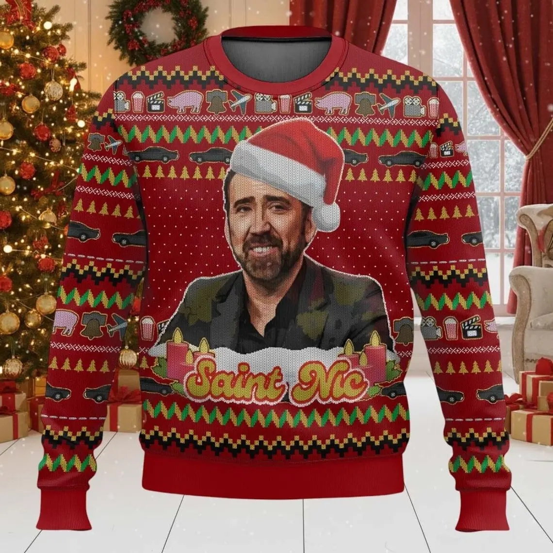Saint Nicholas Christmas Sweater, Nicolas Cage Ugly Sweater, Jolly Old St. Nic Ugly Sweater, Funny Christmas Gift