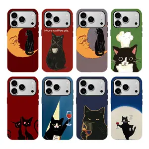 Funny Black Cat Art Tech Accessories Phone Case - Wine Coffee Chef Aesthetic Dual-Layer Durable Cover, Shockproof Hard Case for iPhone 17/16/15/14/13/12/11/8/7, Perfect Gift