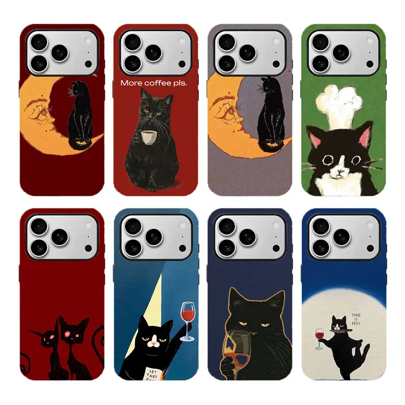 Funny Black Cat Art Custom Smartphone Case - Wine Coffee Chef Aesthetic Dual-Layer Protective Shell, Shockproof Wireless-Friendly Protector for iPhone 17/16/15/14/13/12/11/8/7, Durable Handheld Devices Accessory, Ideal Gift, Accessories