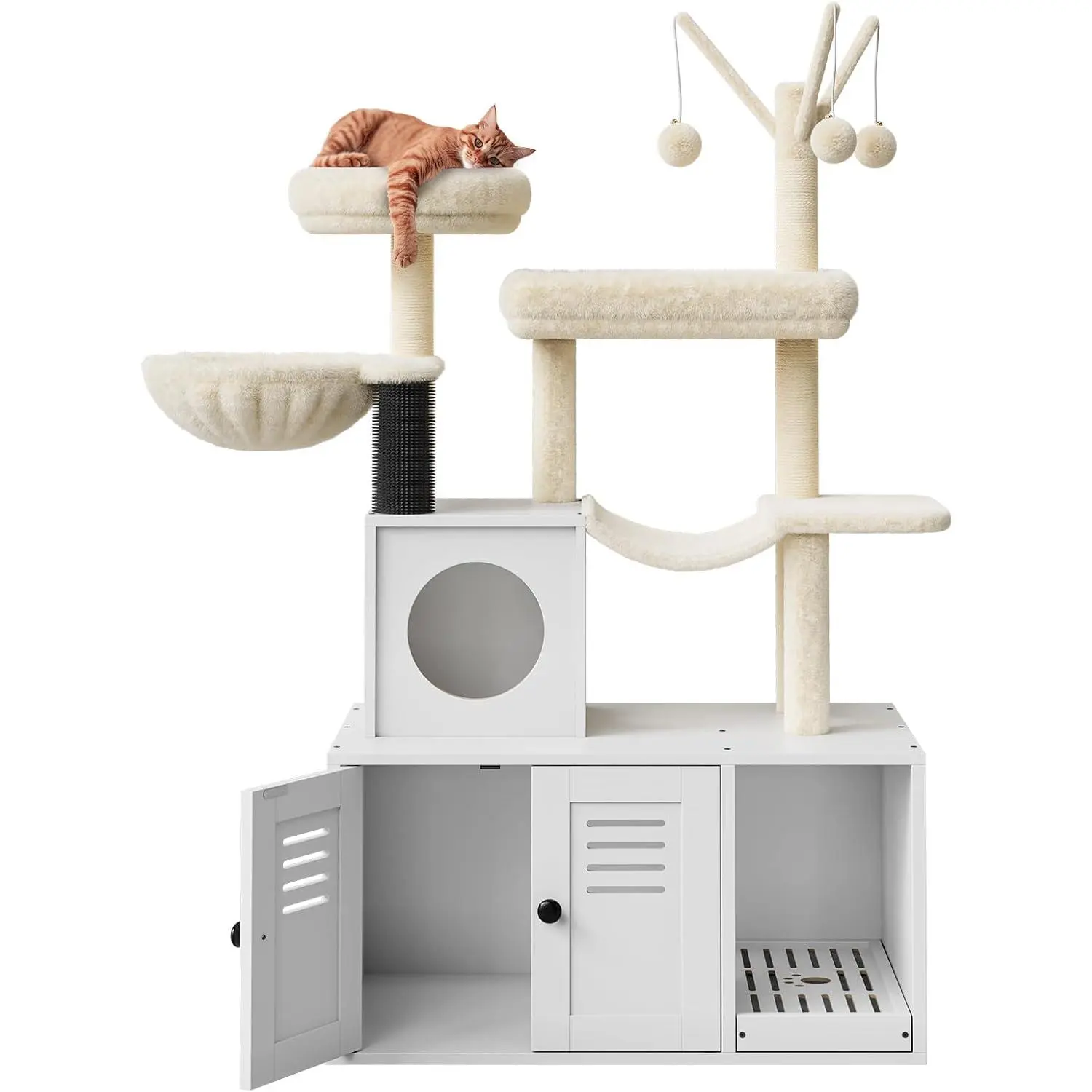 Litter Box Enclosure with Cat Tree Tower 2-in-1 Modern Hidden Pet Washroom Furniture with Condo Hammock Scratching Posts and Multiple Soft Perches