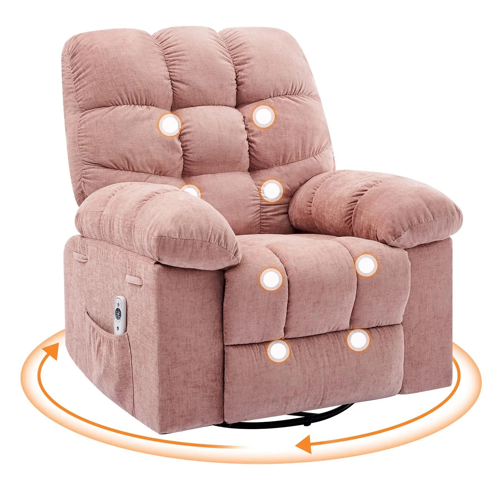 Rocking Recliner Chair,Massage Rocker Recliner Chair with Vibration Massage and Heat,360°Swivel Recliner Chairs,Oversized Rocker Recliner Single Sofa with Side Pocket,Living Room,Bedroom,Nursery,Pink