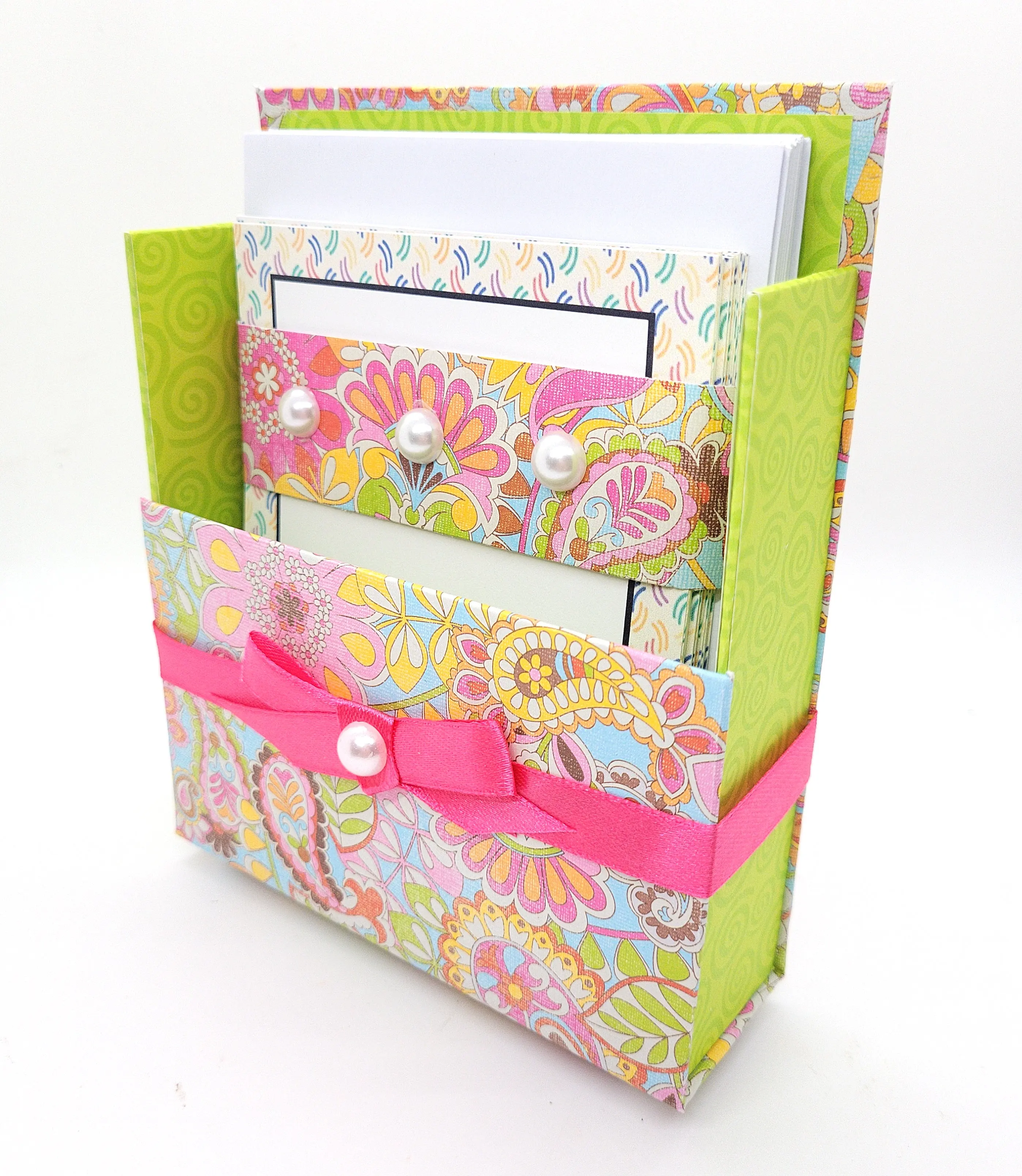 Chic Brico 42-Pc Stationery Gift Box Set w/Reusable Desktop Organizer Box and Gold Pen - Pink, Orange & Yellow Paisley