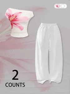 Lily Print Off Shoulder Crop Top Wide Leg Pants 2 Piece Set Women, Y2K Floral Bandeau And Drawstring Pant Co Ord Set, Summer Casual Off Shoulder Outfit, For Daily Wear, Street Style, Vacation, Women's Y2K Streetwear #springsaledeals2026 #summeroutfits #ti